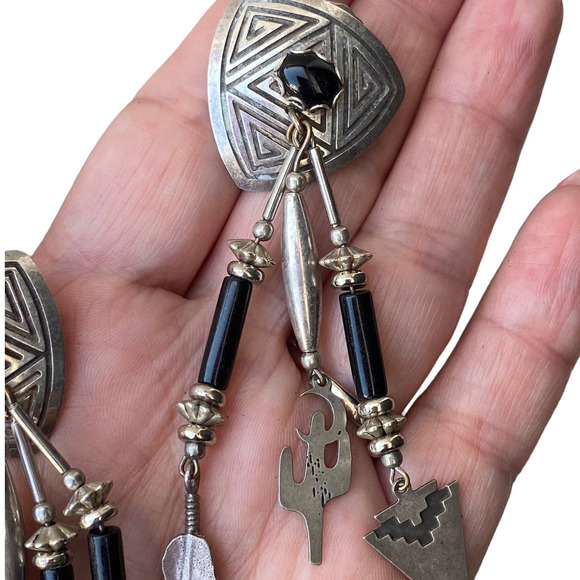 Vintage Deborah West 925 Sterling Silver Southwest Onyx Earrings Stud Dangle - Picture 2 of 6